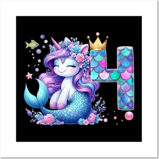 Womens Cute Unicorn Mermaid 4Th Birthday Party 4 Years Old Kids Posters and Art